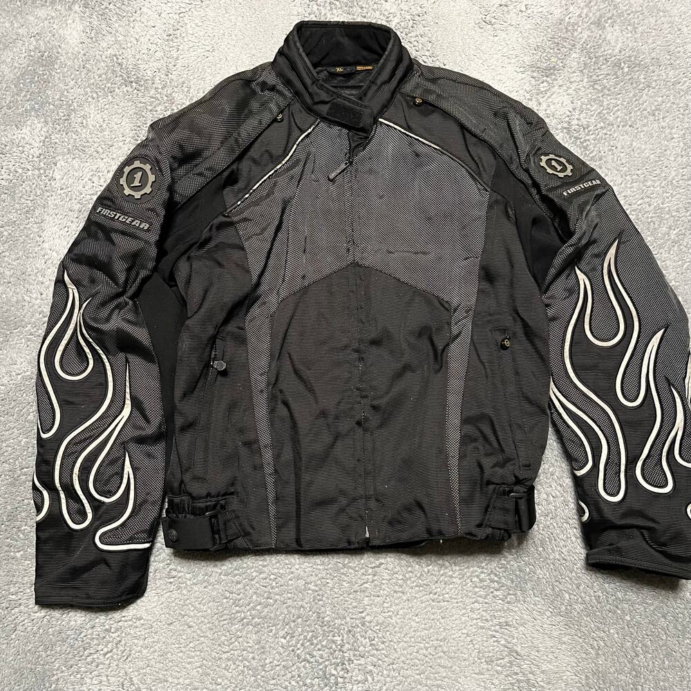 First Gear Coat Mens XL Hypertex Motorcycle Padded Jacket Flame Gray Black